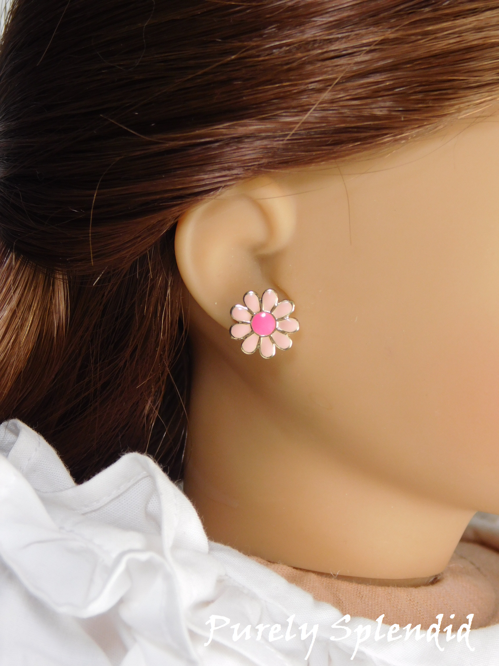 18 inch girl doll wearing light pink daisy 2mm stud earrings with dark pink centers
American made | Purely Splendid