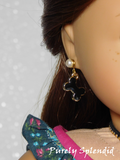 black dog bone earring dangles shown worn by an 18 inch doll