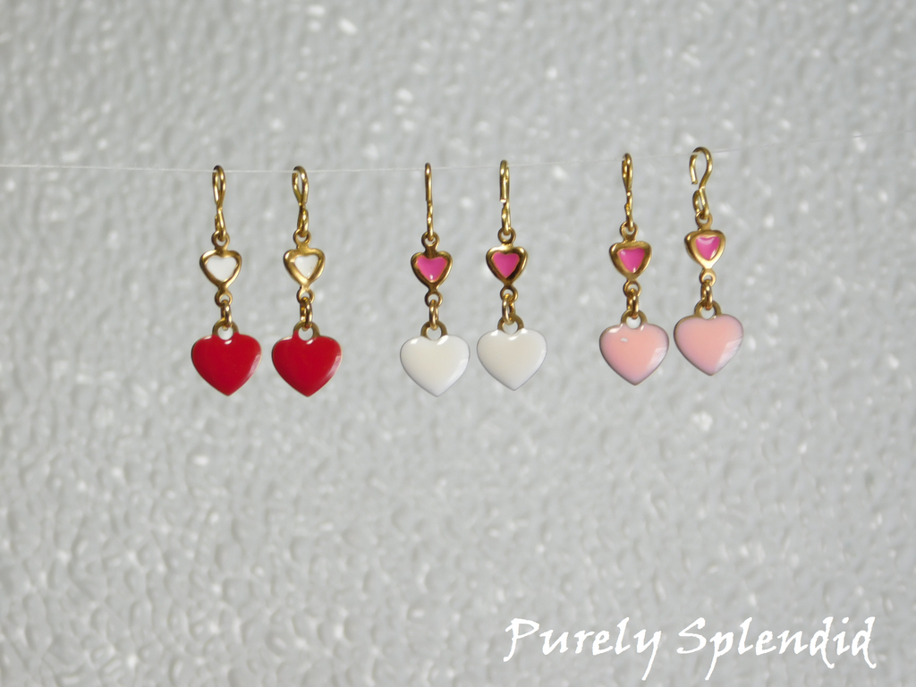 three colors of Double Heart Earrings - red, white or pink