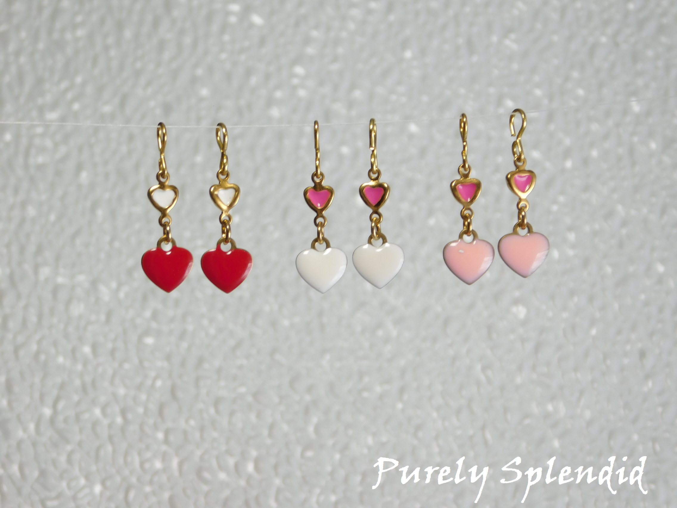 three colors of Double Heart Earrings - red, white or pink