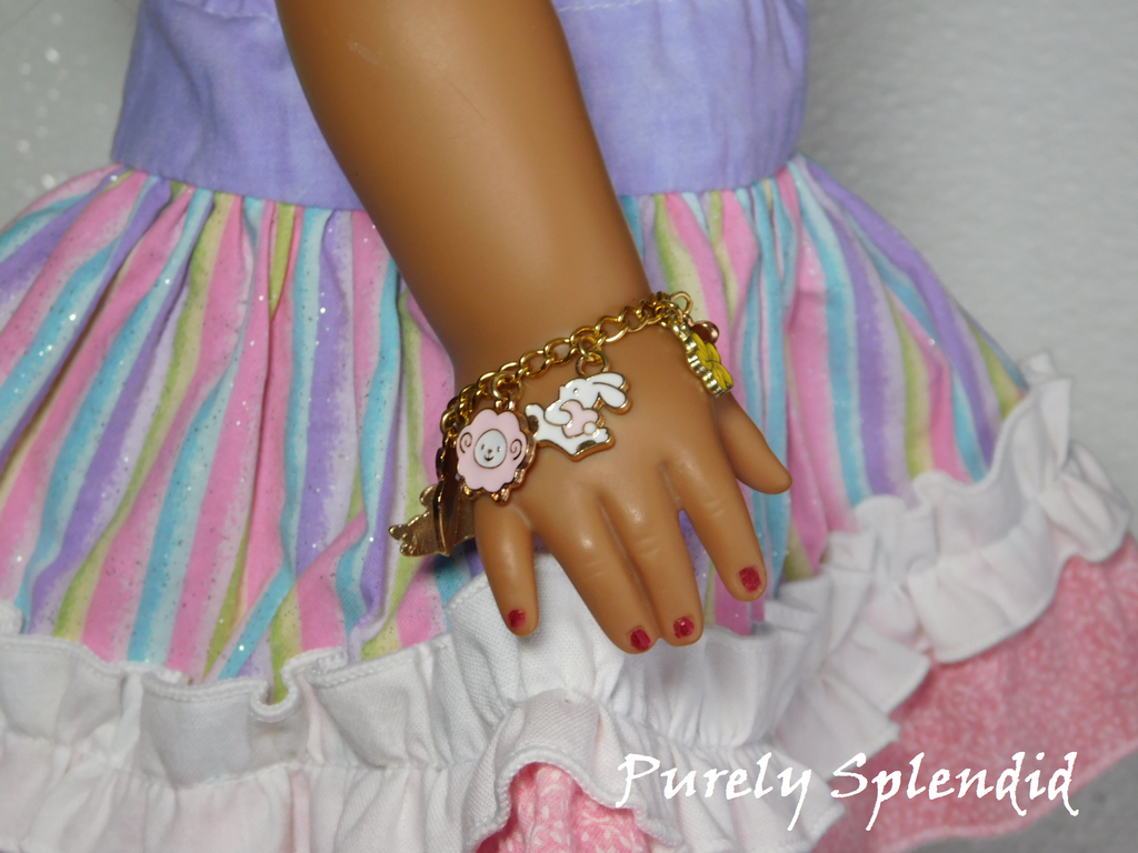 Easter Charm Bracelet for 18 inch dolls with Easter Bunny and pink Lamb charms 