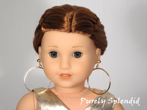 18 inch doll shown wearing a pair of Extra Large Golden Hoop Dangles which touch her shoulders and Small Gold Studs