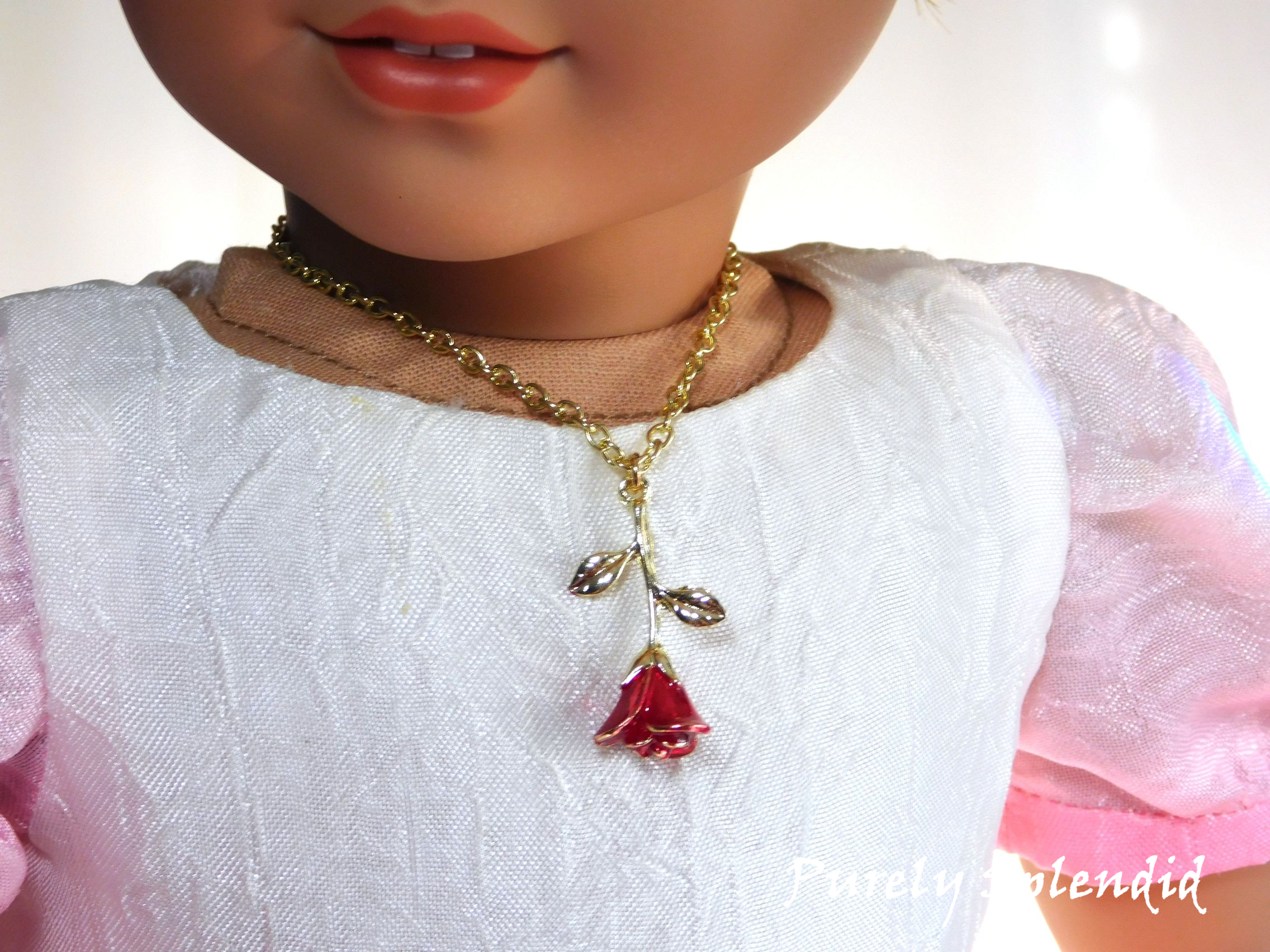 Falling rose necklace for 18 inch dolls - red rose with gold tips on gold chain