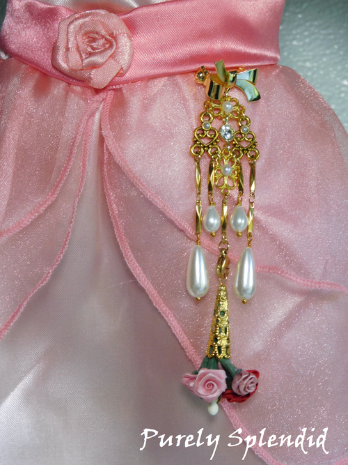 Fancy gold chatelaine for 18 inch girl dolls with tussie mussie and bouquet of flowers, American made | Purely Splendid
