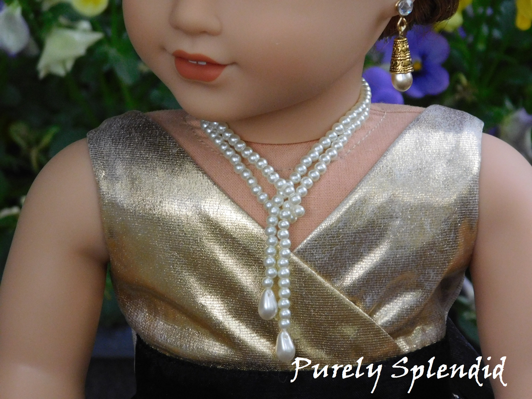  Flapper Pearl Necklace wrapped around the neck twice of an 18 inch doll