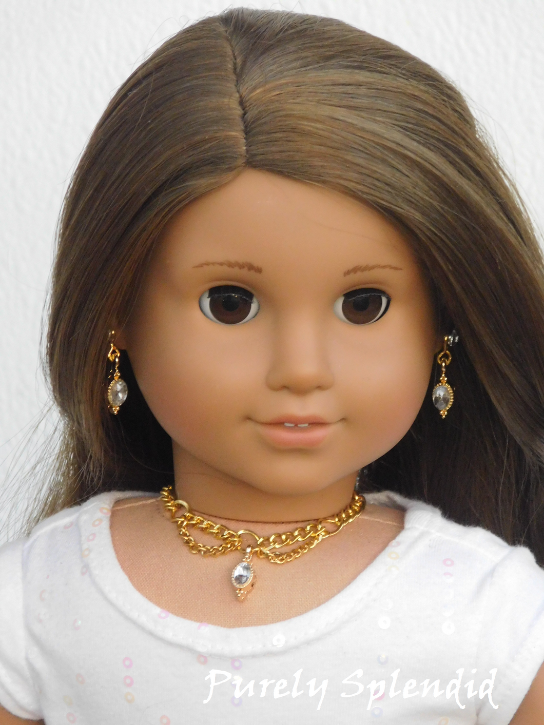 18 inch doll shown wearing Gold Chain Choker Necklace and Earrings