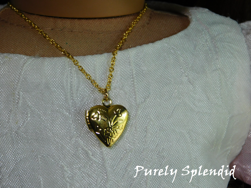 Floral Heart Locket Necklace shown worn by an 18 inch doll