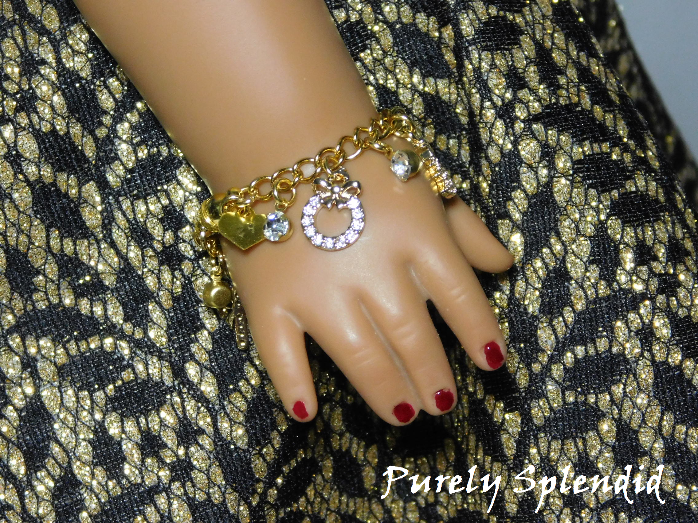 Cubic Zirconia Wreath charm on a gold bracelet for 18 inch dolls