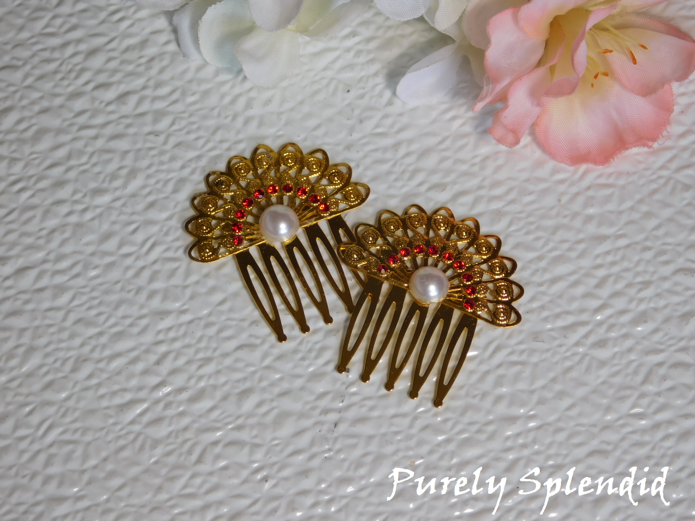 set of two gold filigree fans with red rhinestones and a pearl center - for dolls or girls