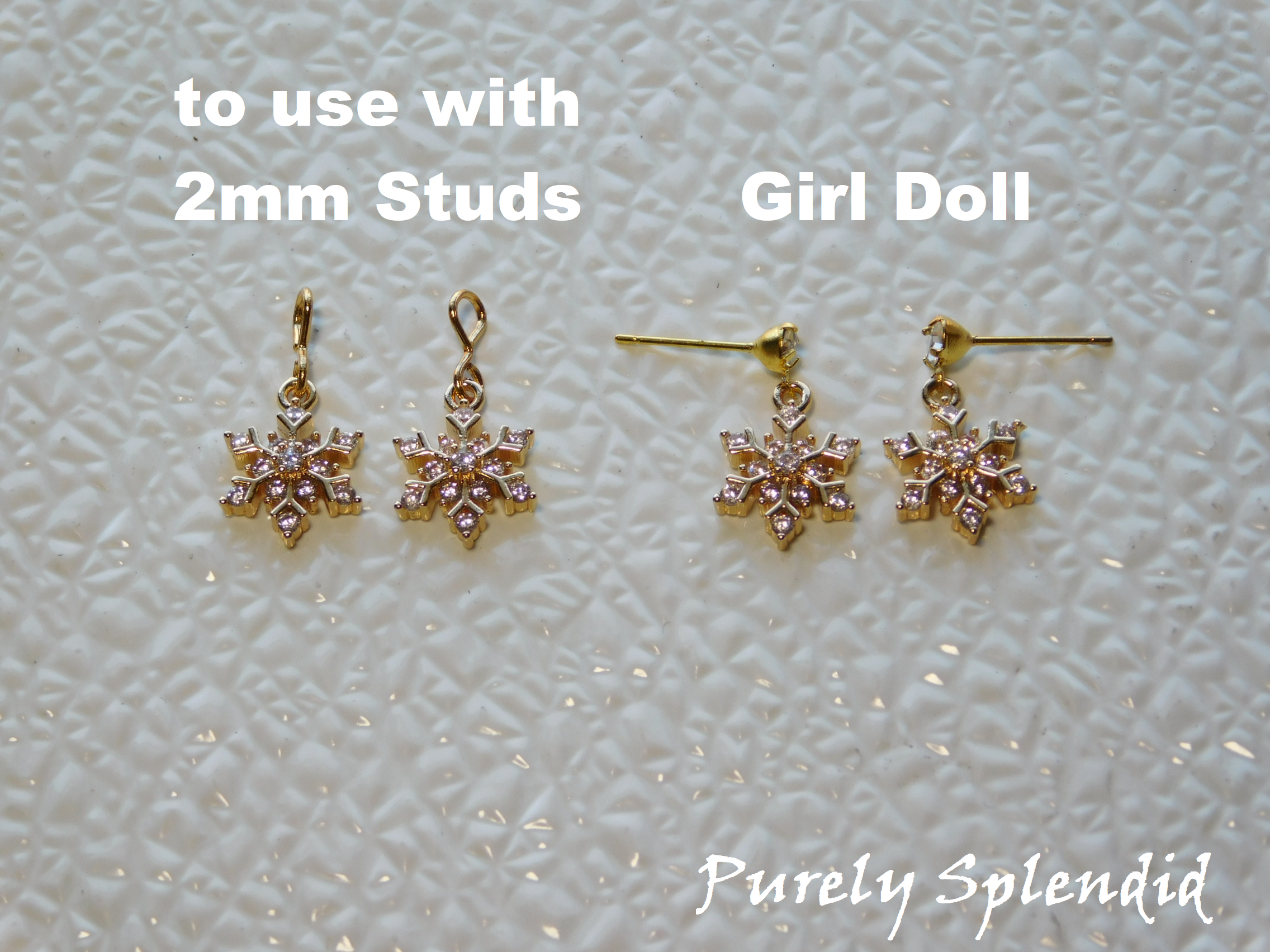 two types of doll earrings - for dolls who wear 2mm studs and dolls who have pin hole earring holes