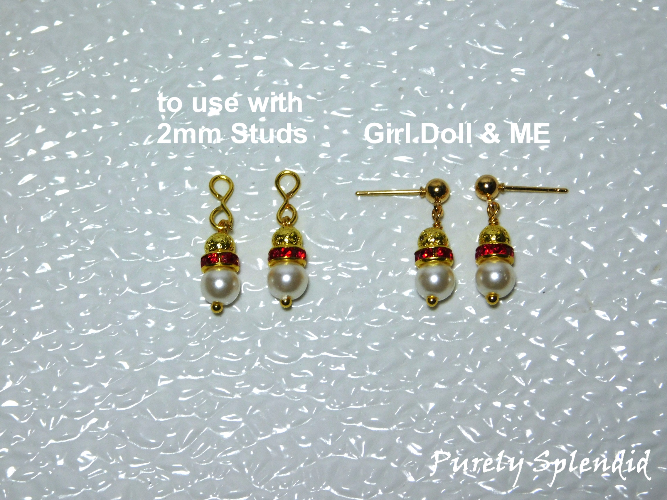 white pearls topped with red sparkle and gold beads -two kinds of earrings - to use with 2mm Studs for dolls and Girl Doll and Me earrings for dolls with pin holes or humans who have pierced ears
