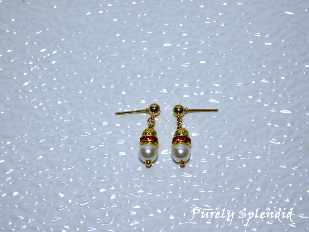 white pearl topped with red sparkle and a gold bead - earrings for dolls with pin holes and humans who have pierced ears