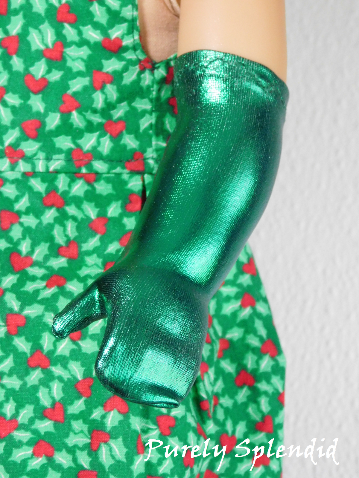 Green Metallic Gloves worn by an 18 inch girl doll / American made / Purely Splendid