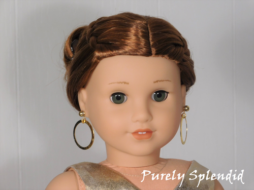 18 inch doll shown wearing a pair of Hammered Golden Hoops and Small Gold Studs