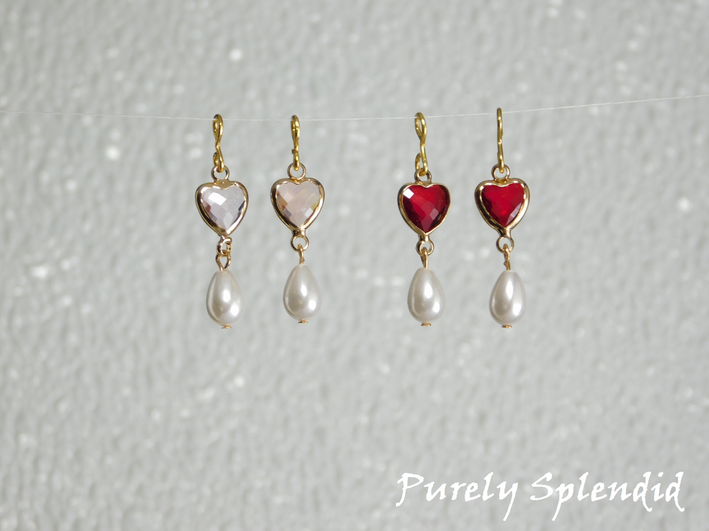 Crystal Heart with a White Teardrop Pearl hanging below. Earrings for dolls