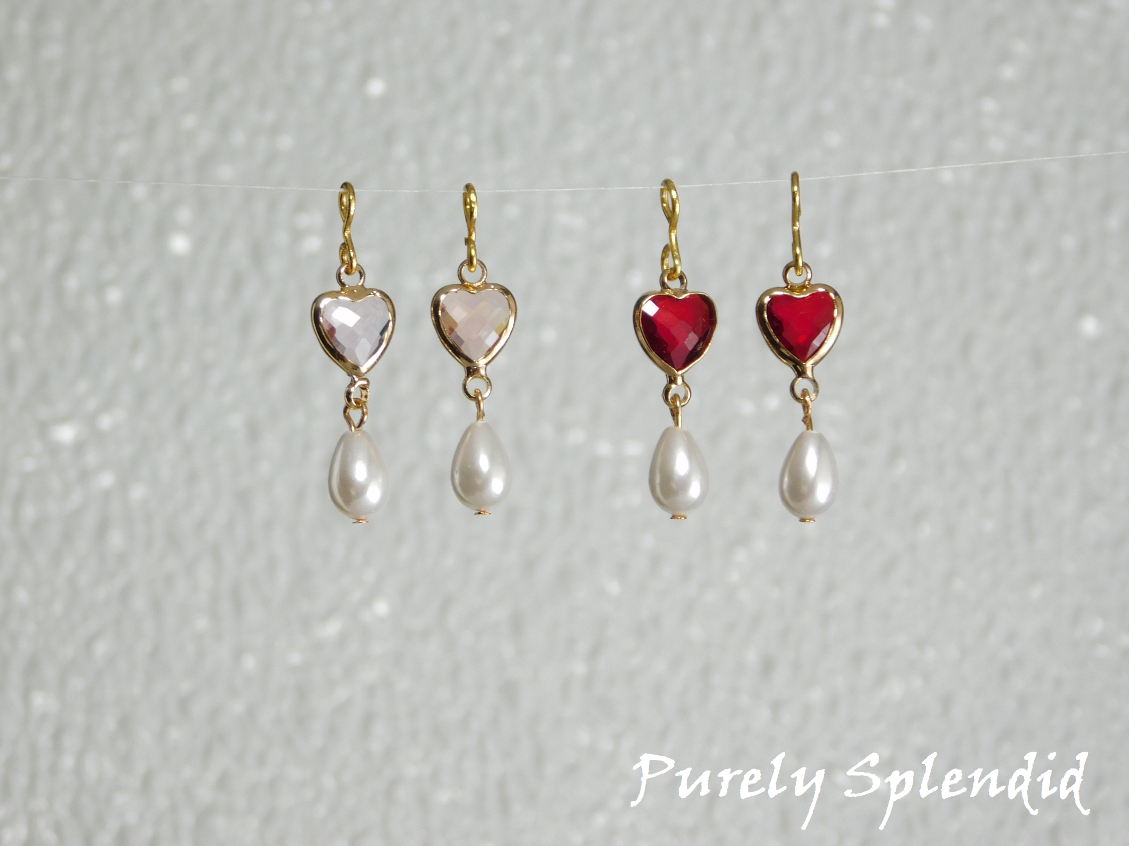 Crystal heart and pearl earring dangles for 18 inch dolls - Valentine's jewelry

