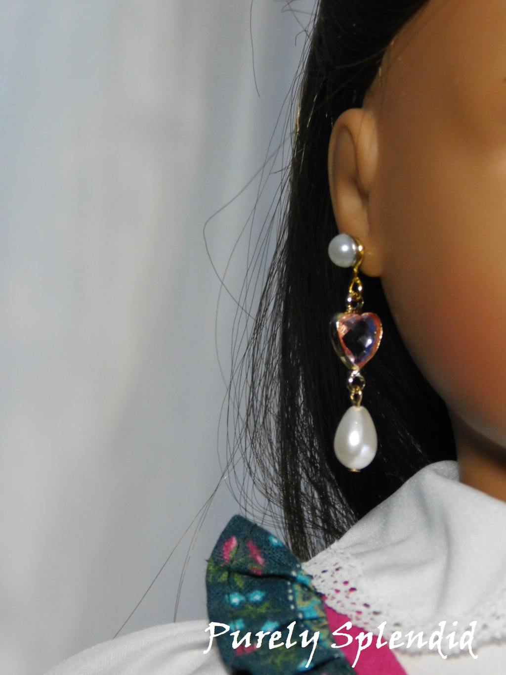 18 inch doll wearing a pair of Pearl Studs and Pale Pink Hearts and Pearls Earring Dangles