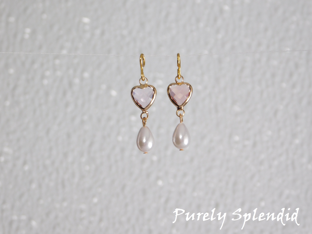 Pale Pink Crystal Hearts with a White Teardrop Pearl hanging  