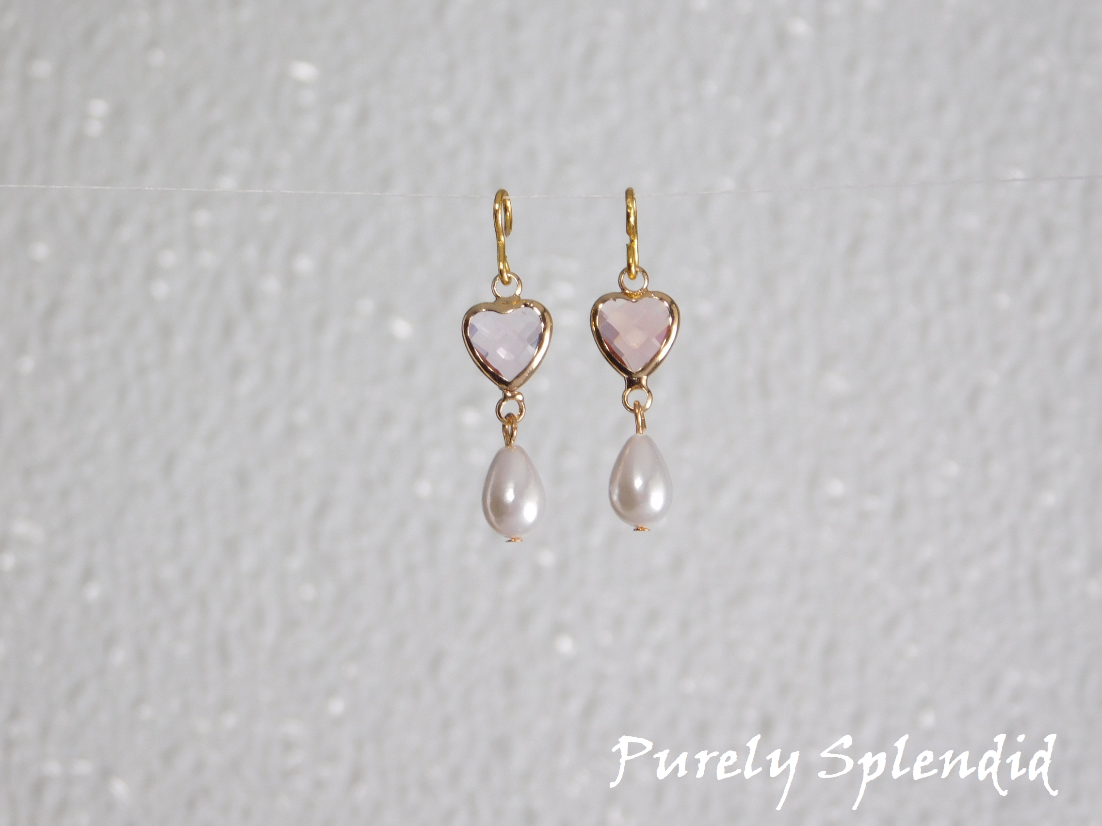 Pink crystal heart earrings with white pearl drops - 18 inch doll jewelry
