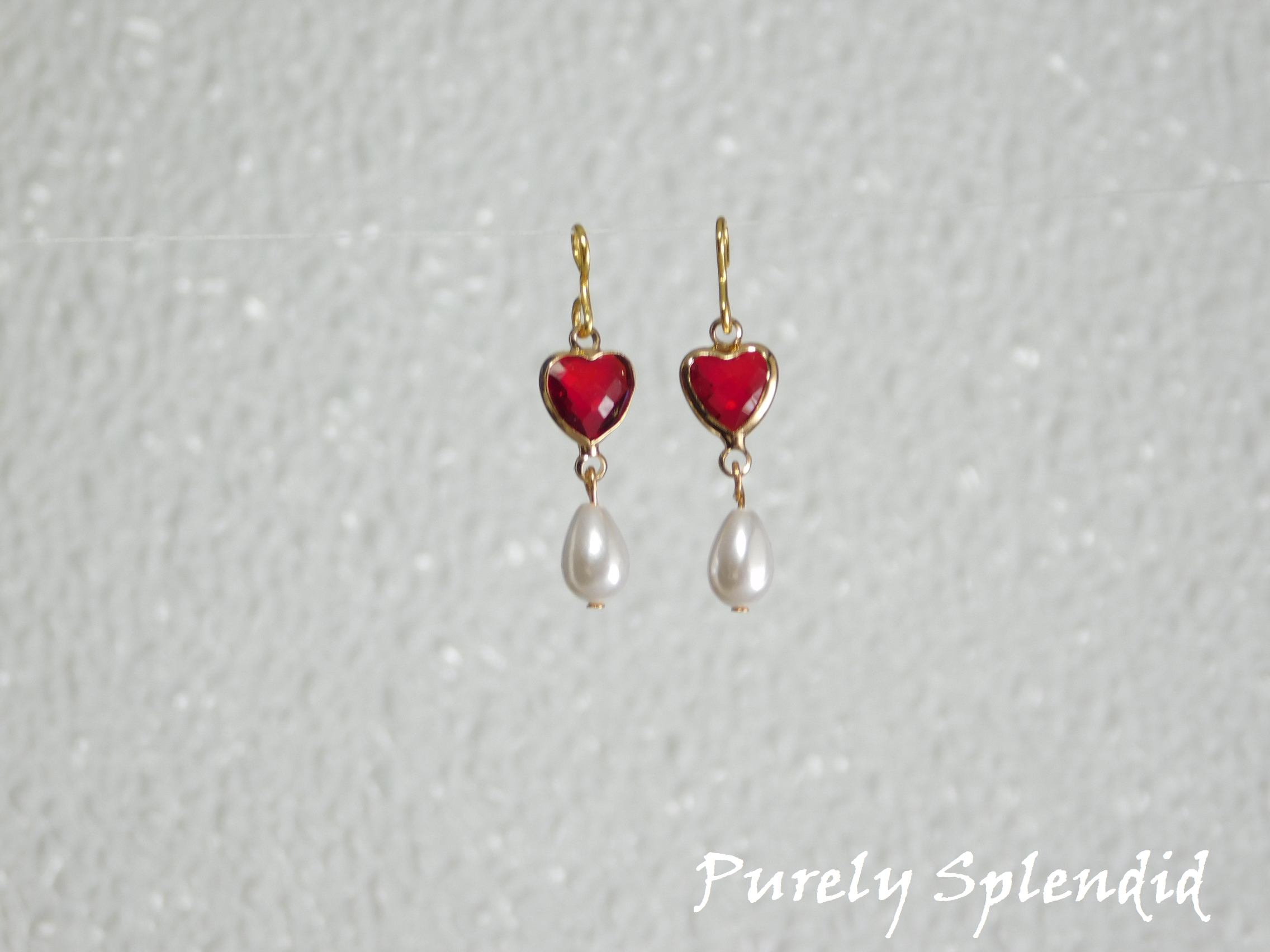 Red crystal heart earrings with white pearl drops - Valentine's Day doll earrings
