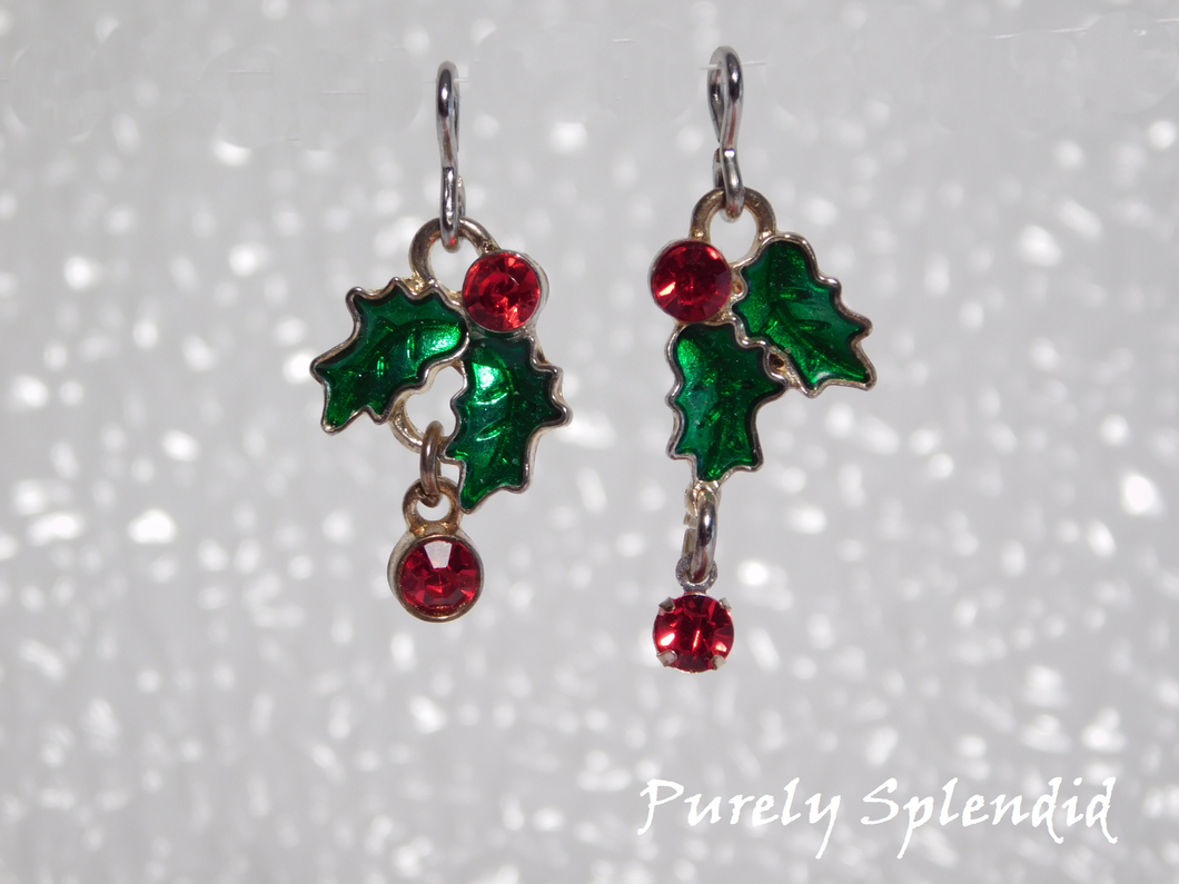Asymmetrical Holly & Berries Earring Dangles with green holly leaves and sparkling red berries