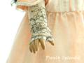 Lacy beige and black fingerless gloves for 18 inch girl dolls - delicate lace pattern with black accents, American made | Purely Splendid
