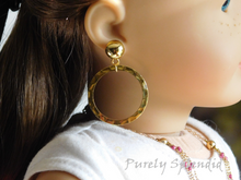 Load image into Gallery viewer, 18 inch doll shown wearing a pair of Hammered Golden Hoop Earring Dangles with a pair of Large Gold Studs
