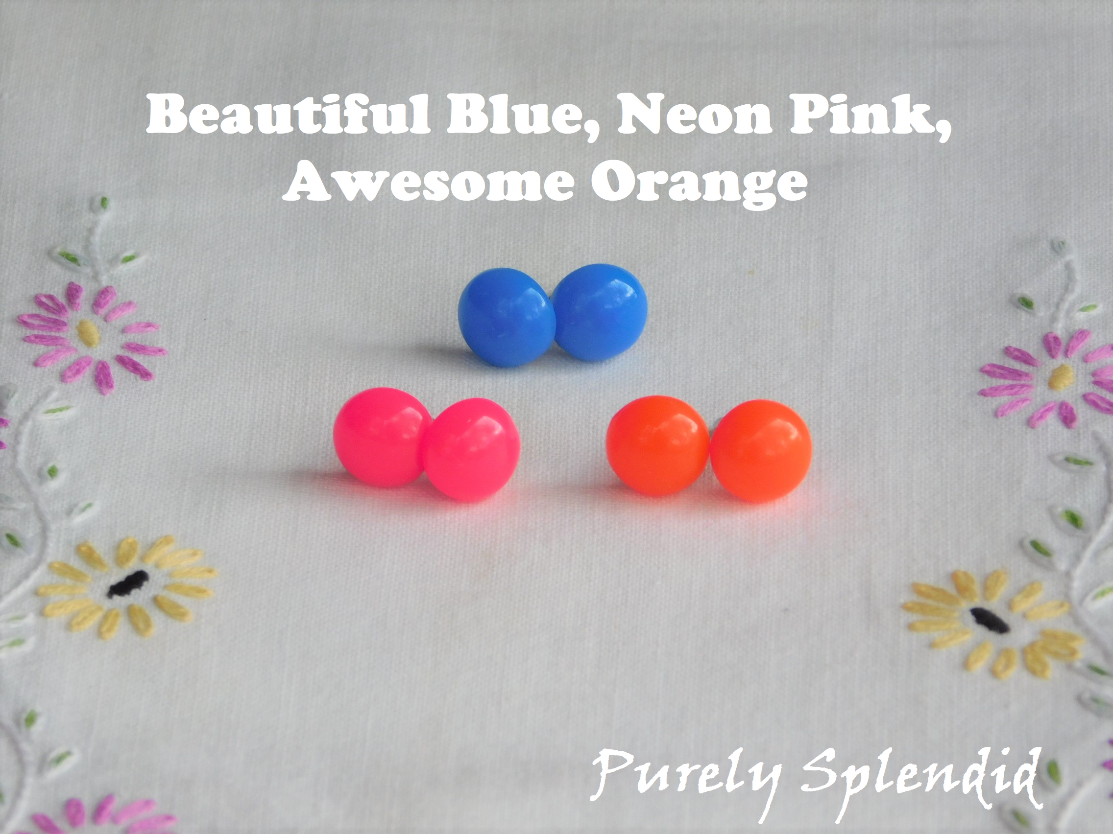 Large Colorful 80s girl doll 2mm stud earrings — Set of 3 in Beautiful Blue, Neon Pink, Awesome Orange | Purely Splendid
