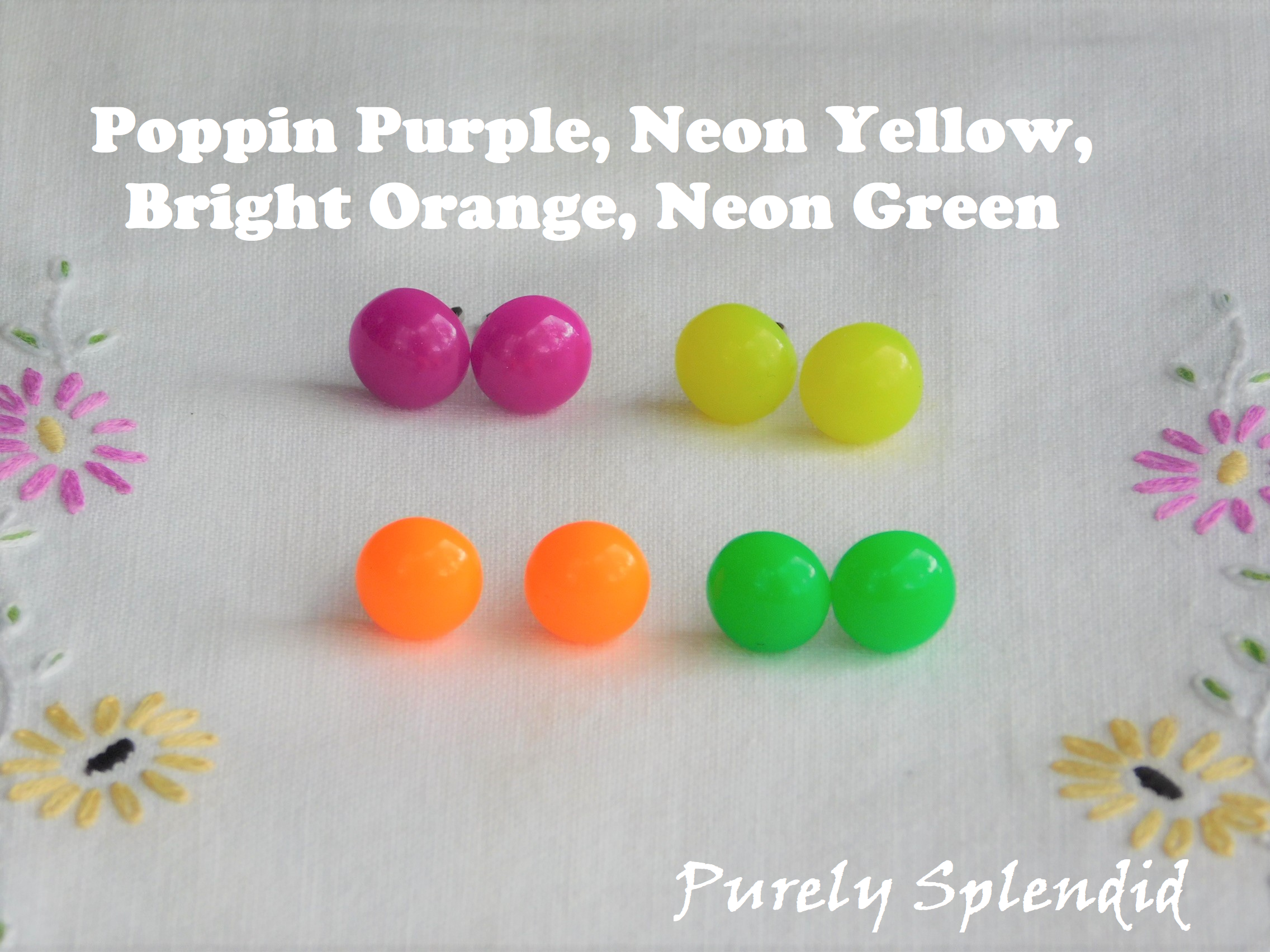 Large Colorful 80s girl doll 2mm stud earrings — Set of 4 in Poppin Purple, Neon Yellow, Bright Orange, Neon Green | Purely Splendid
