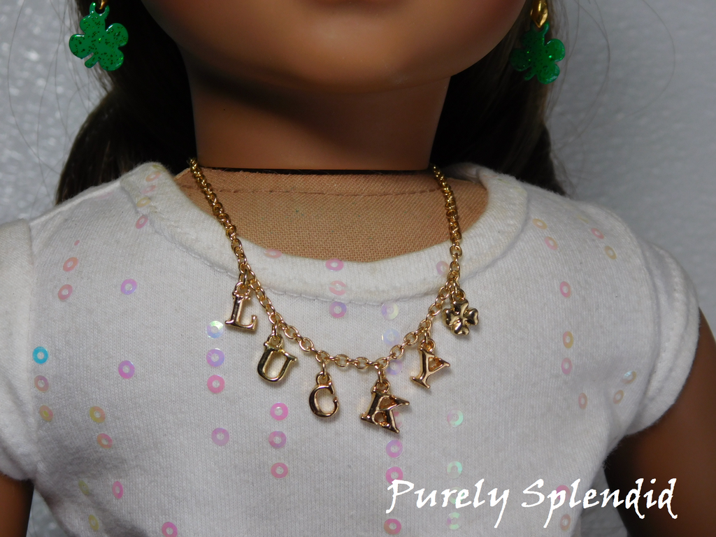 Lucky Necklace for 18 inch girl dolls - gold letter charms and four leaf clover and magnetic clasp / Purely Splendid