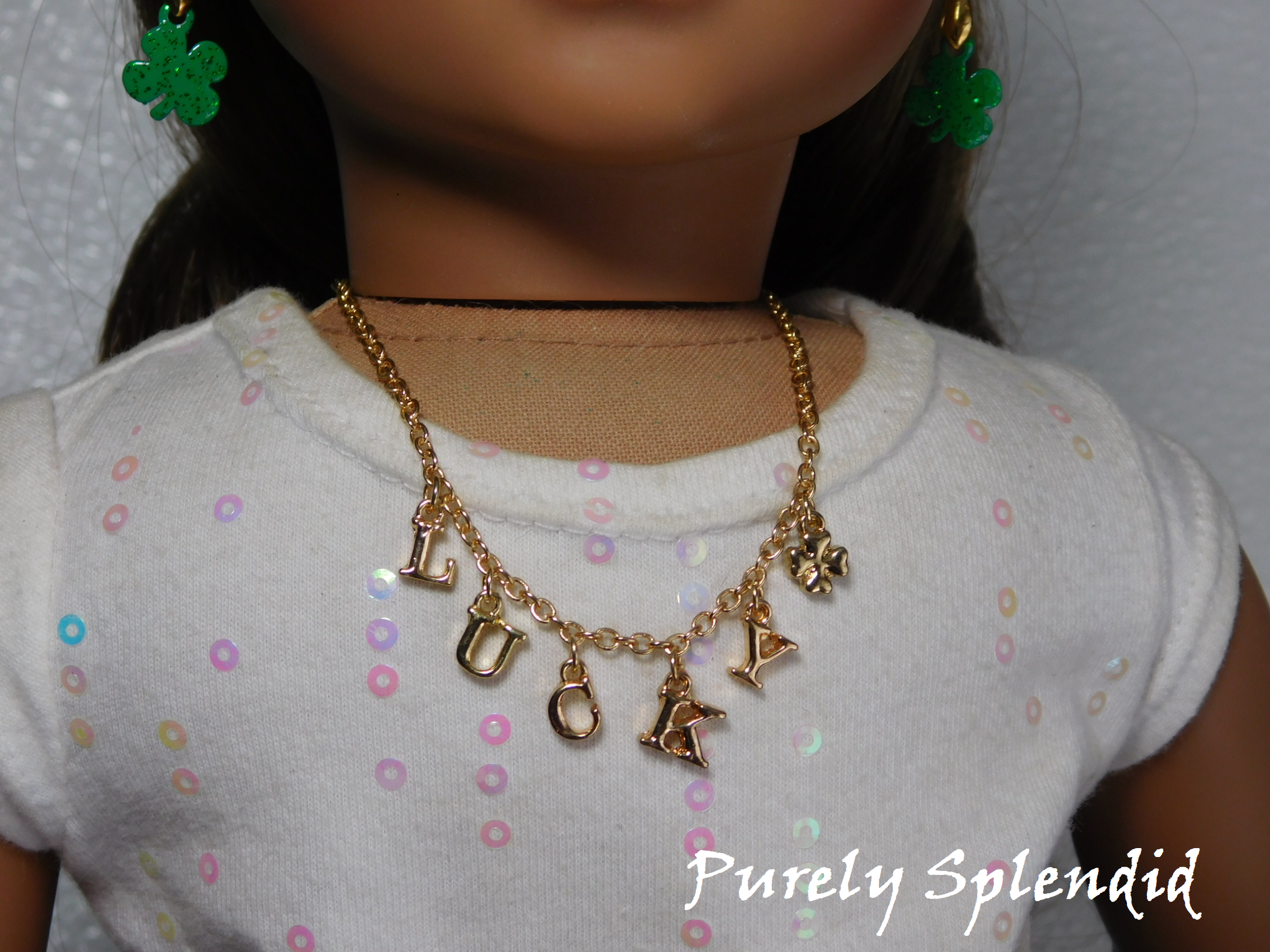 Lucky Necklace for 18 inch girl dolls - gold letter charms and four leaf clover and magnetic clasp / Purely Splendid
