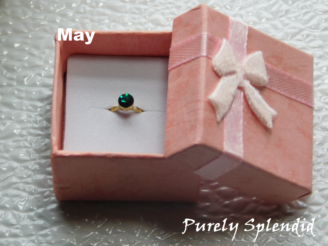 May Birthstone Ring for 18 inch dolls - emerald colored crystal on a gold band