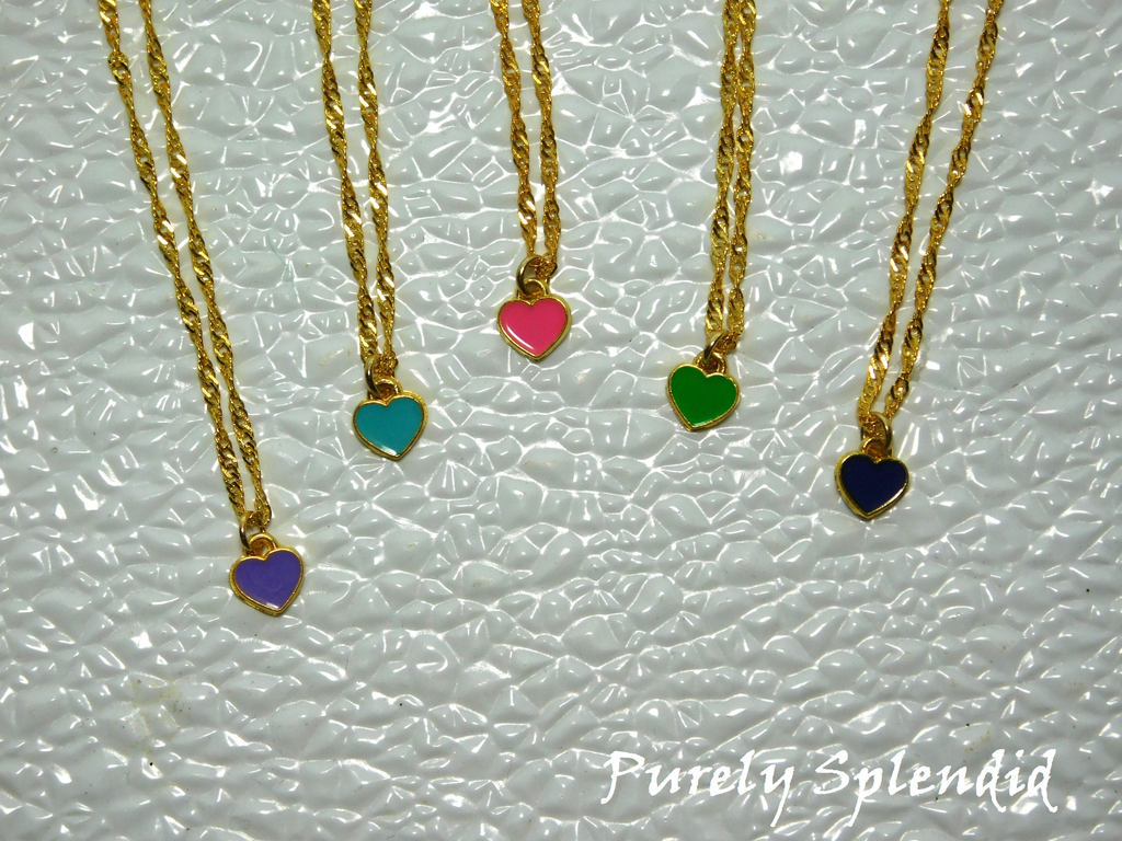 Five Mini Heart Choker Necklace, a tiny colored heart on a gold twisted chain. Colors available Lavender, Teal, Pink, Green and Blue
