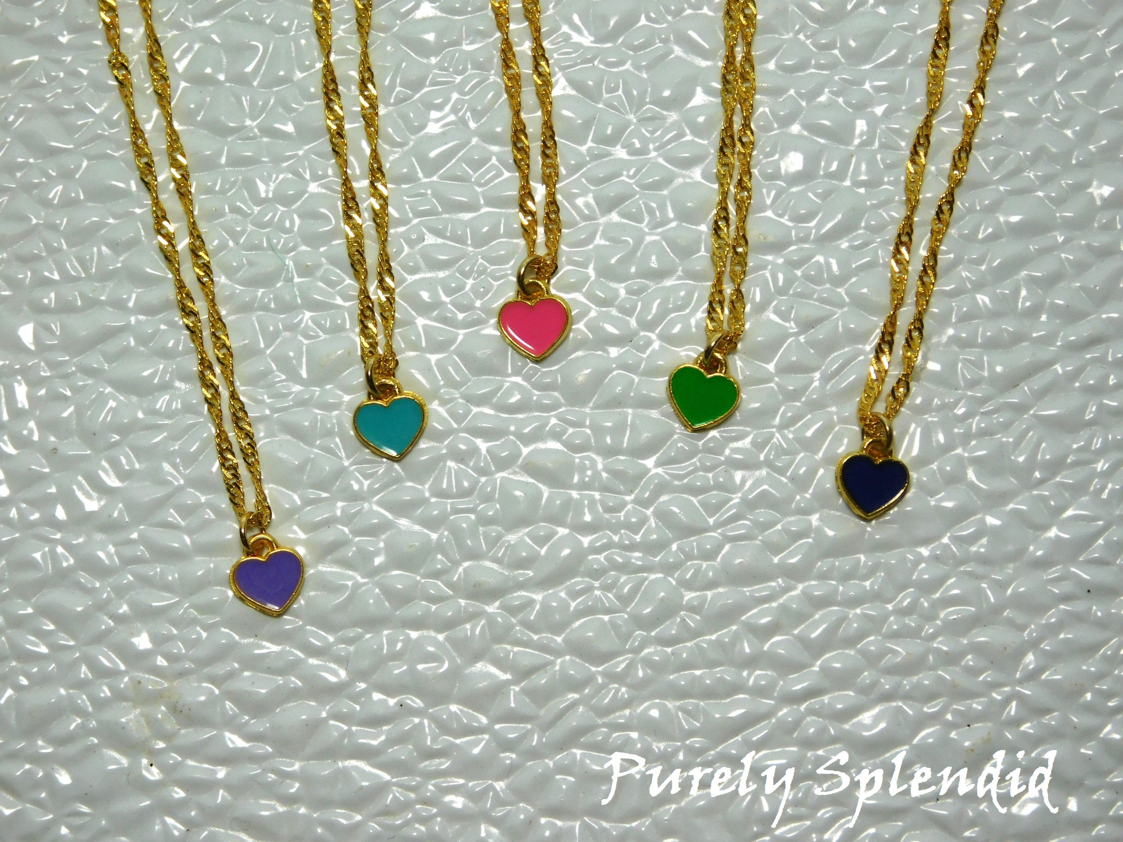 Five Mini Heart Choker Necklace, a tiny colored heart on a gold twisted chain. Colors available Lavender, Teal, Pink, Green and Blue