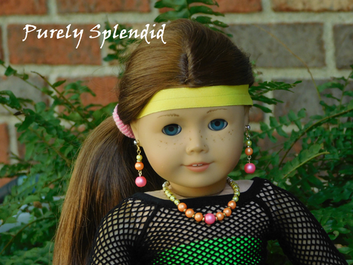 18 inch doll shown wearing a pair of Neon Pearl Earrings and Necklace 