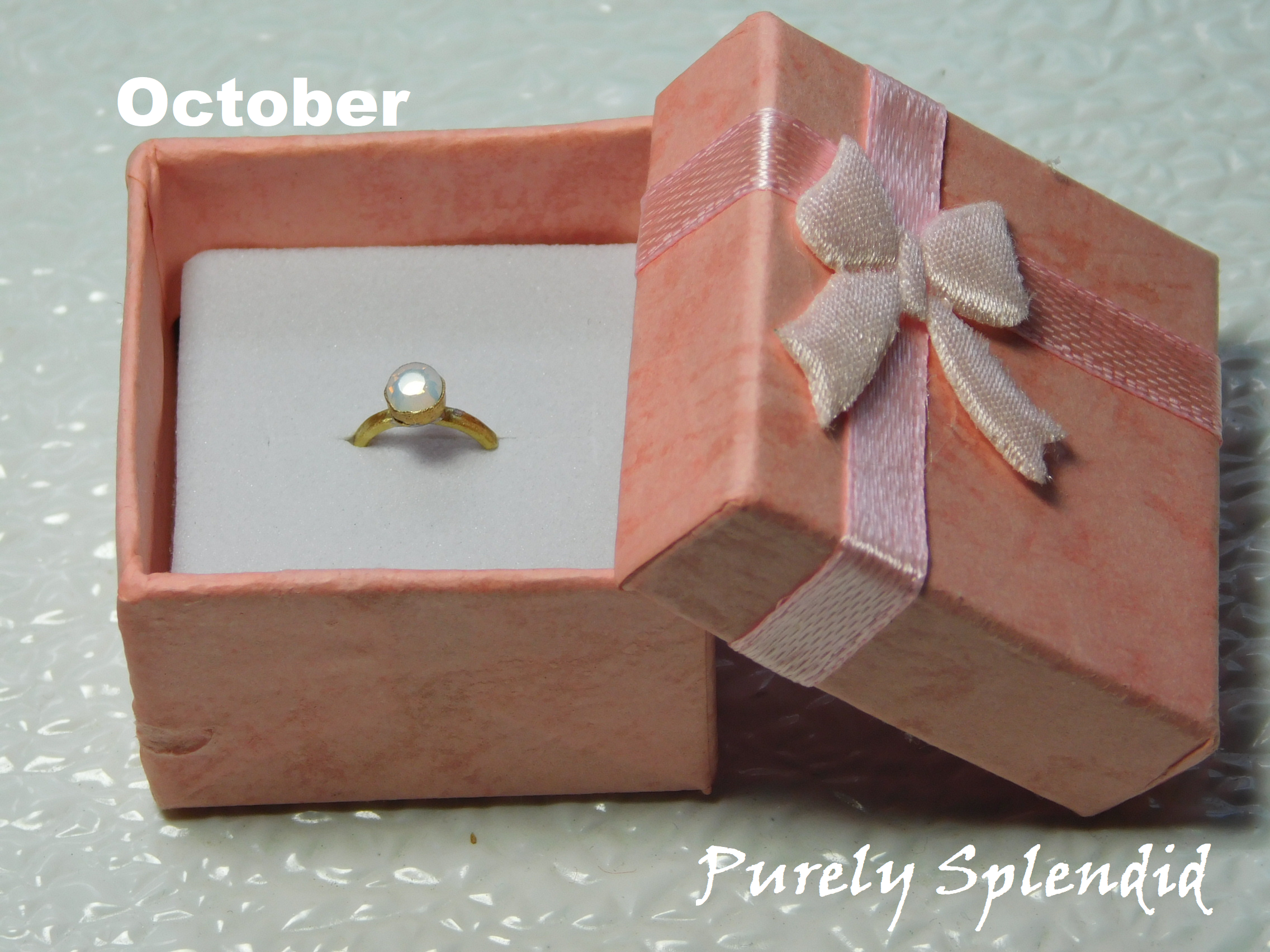 October Birthstone Ring for 18 inch dolls  - opal like crystal on a gold band