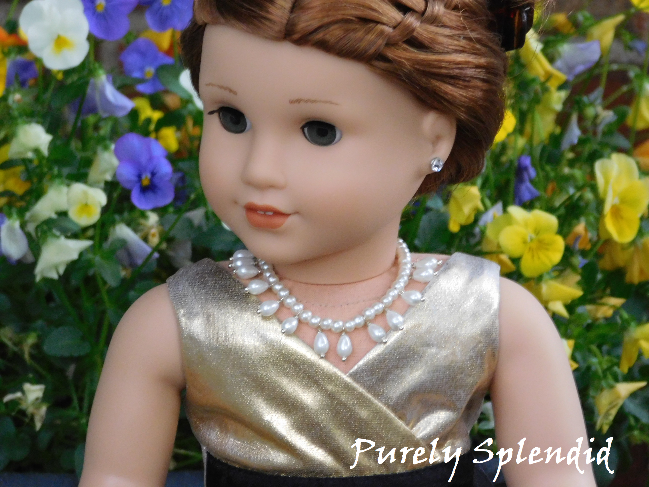 Pearl Drops hang from a beautiful Pearl Necklace - shown on an 18 inch doll