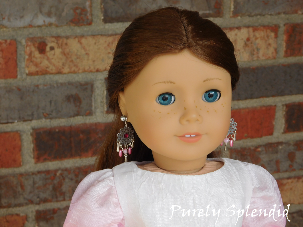 18 inch doll show wearing a pair of Pink Chandelier Earring Dangles 