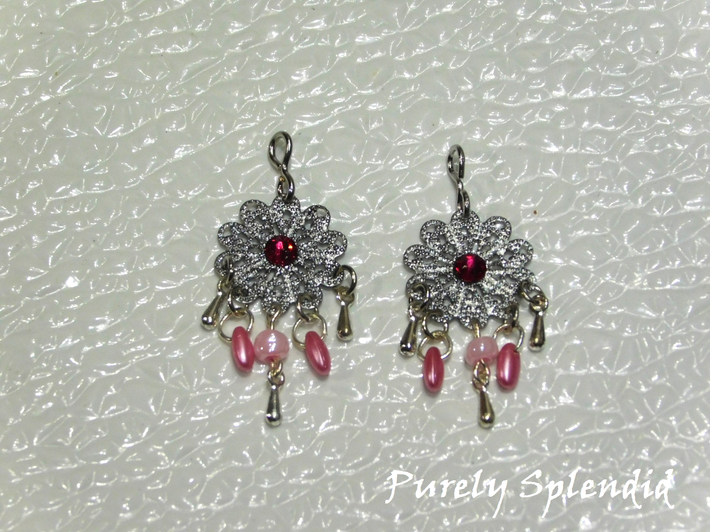 Pink Chandelier Earring Dangles with Fuchsia Crystals, light and dark pink beads and silver dangles