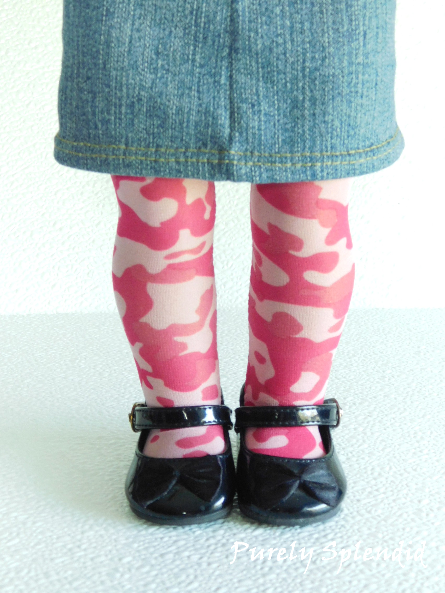 18 inch doll wearing pink camouflage tights - stretchy pink camo leggings for dolls 