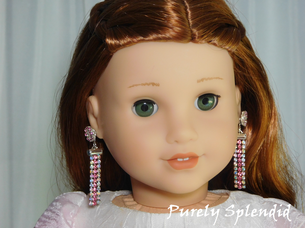 18 inch doll shown wearing a pair of Pink Shimmer Earring Dangles and Studs 