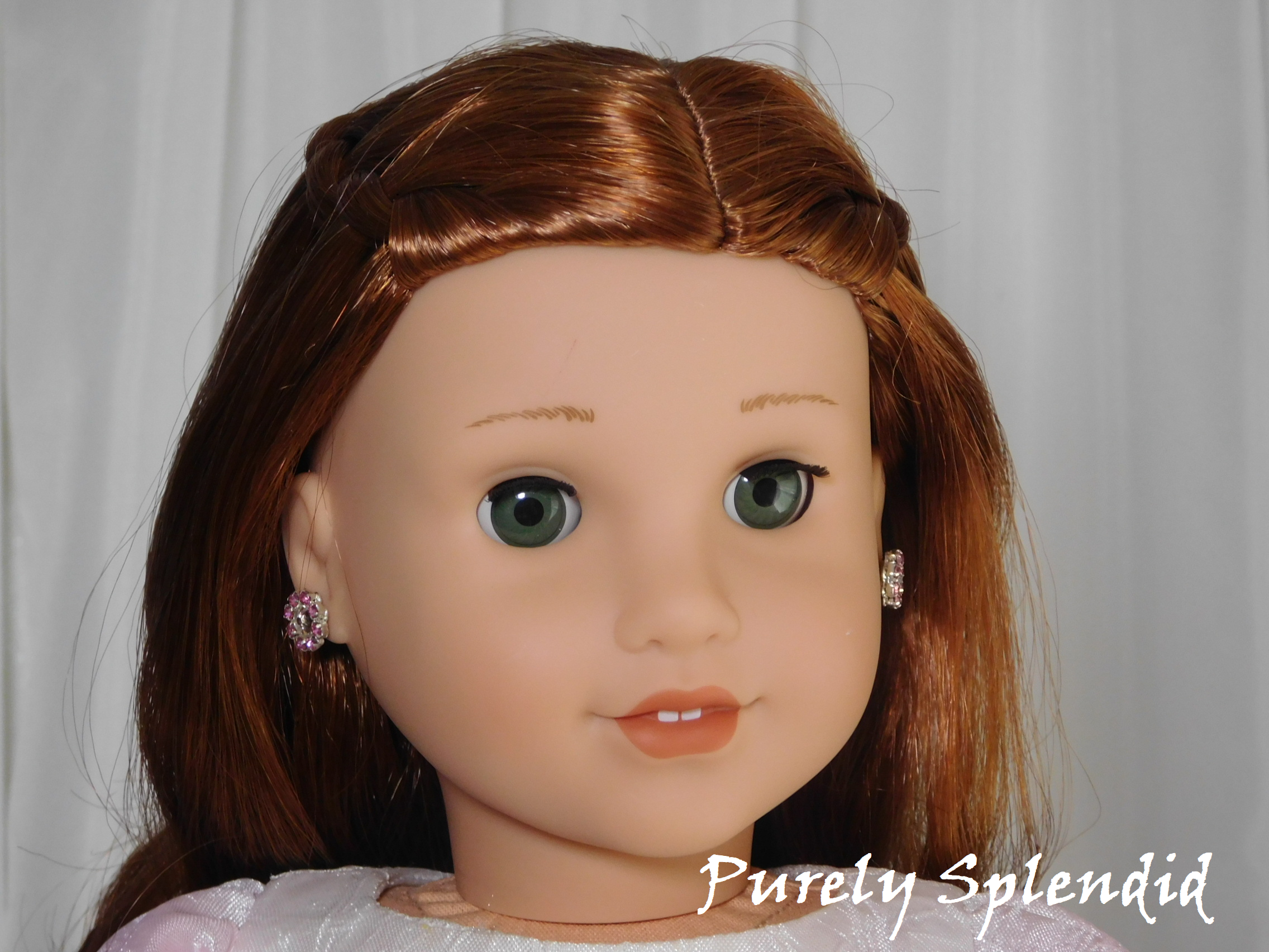 18 inch doll shown wearing the Pink Shimmer 2mm Studs