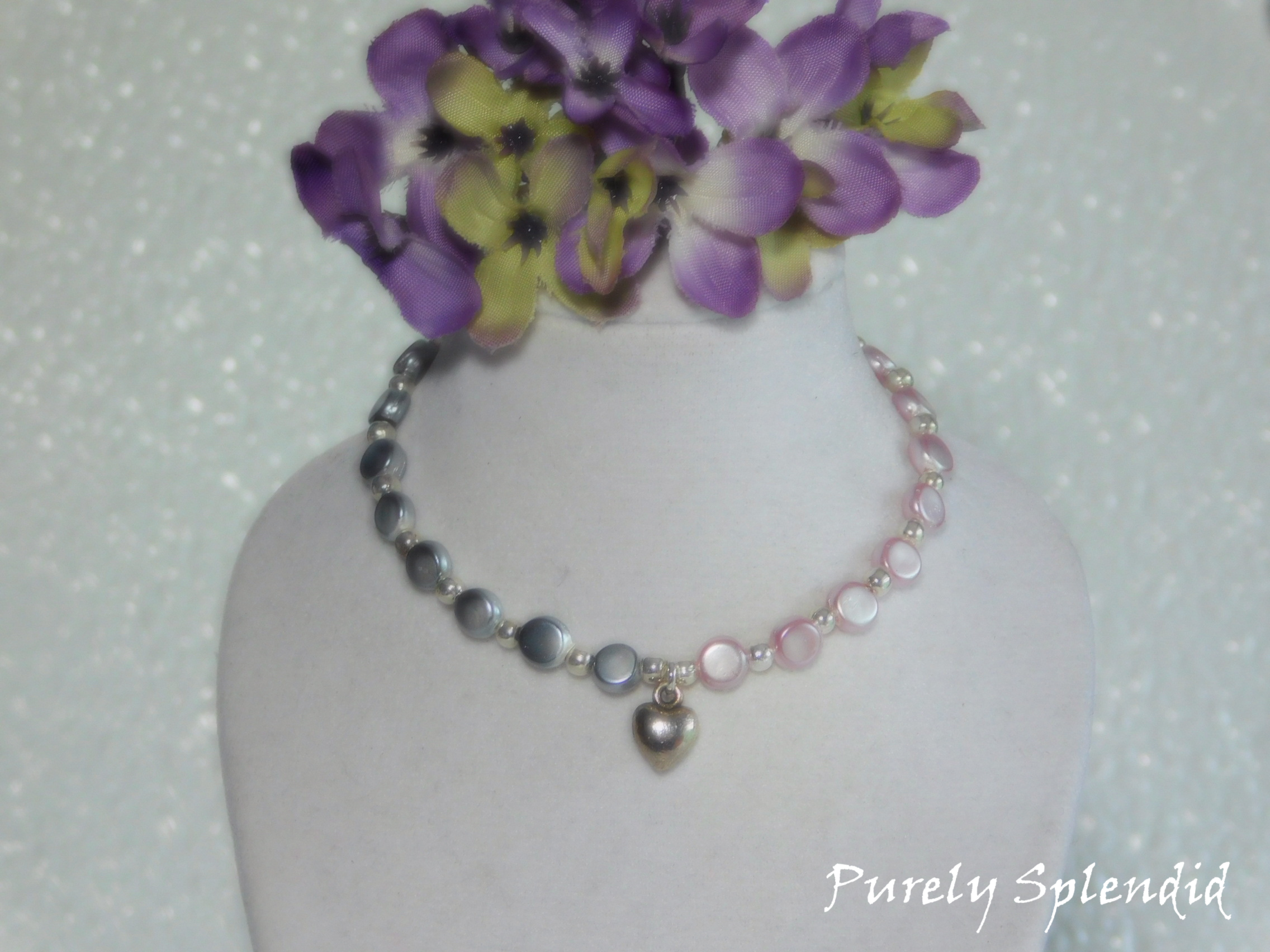 Pink and Gray Necklace with Silver Heart