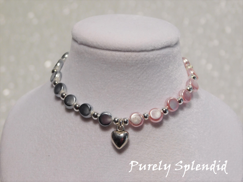 Pink and Gray Necklace with Silver Heart