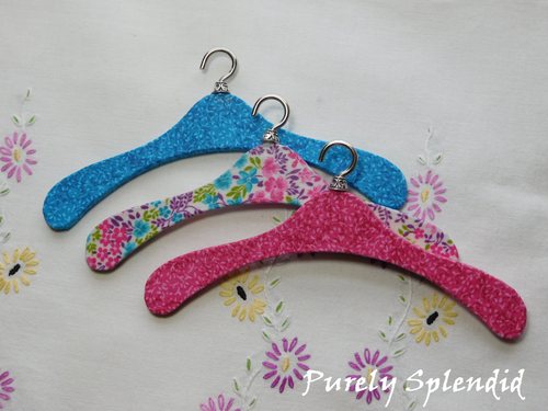 Set of three floral fabric covered wooden hangers for 18 inch girl doll closet American made | Purely Splendid
