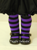 18 inch girl doll wearing purple and black striped tights for Halloween witch costume American made | Purely Splendid
