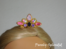 Load image into Gallery viewer, Rapunzel Mini Crown shown on an 18 inch doll. Pink, purple, aurora borealis and opal crystals
