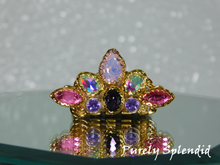 Load image into Gallery viewer, Beautiful opal, purple, pink and aurora borealis crystals make up this lovely Rapunzel Mini Crown for dolls
