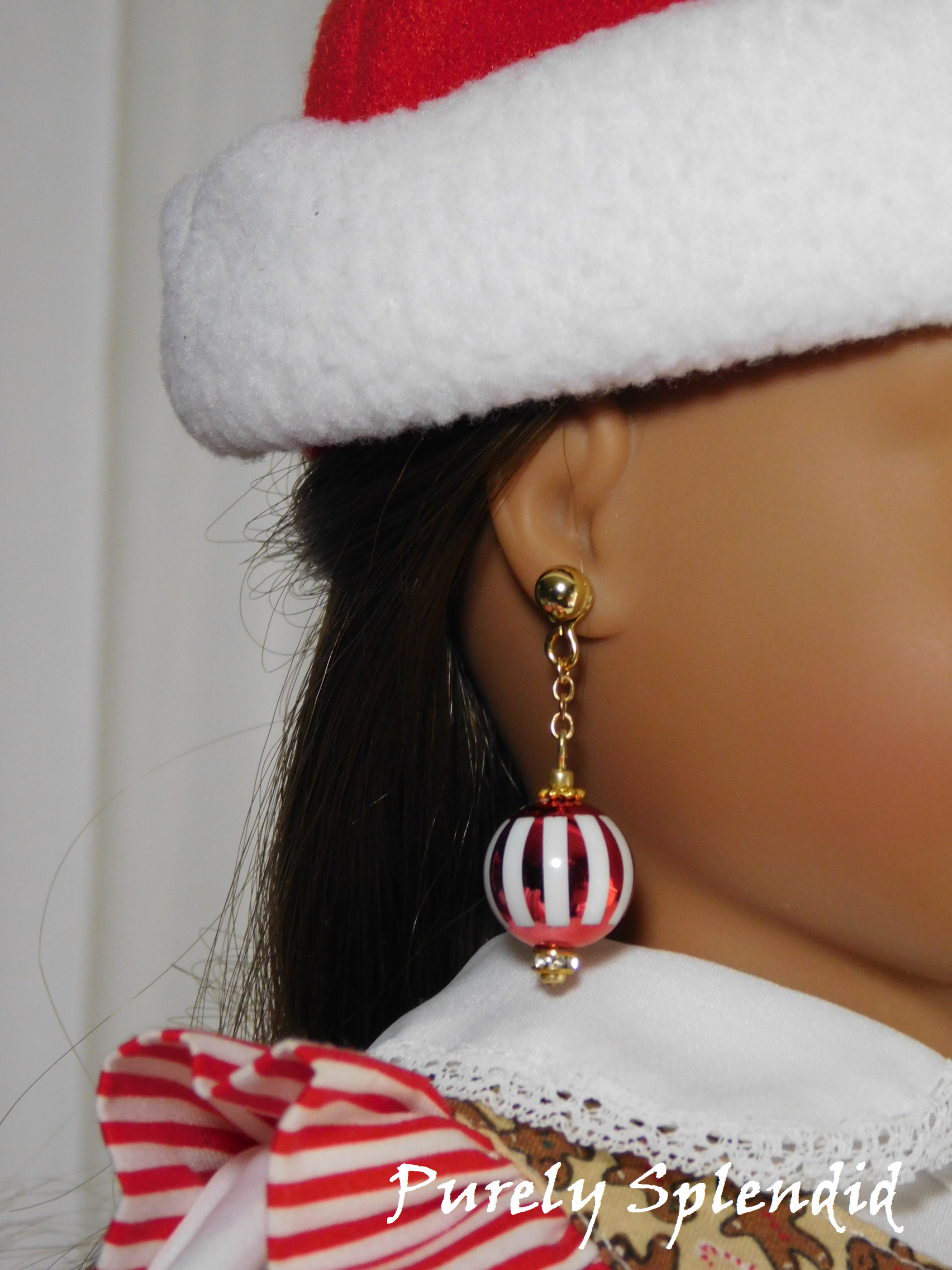 festive red and white striped ornament earrings for dolls