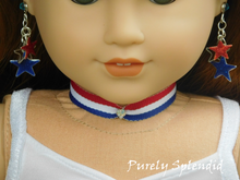 Load image into Gallery viewer, 18 inch doll shown wearing Red White and Blue Choker Necklace which has a sparkling center stone
